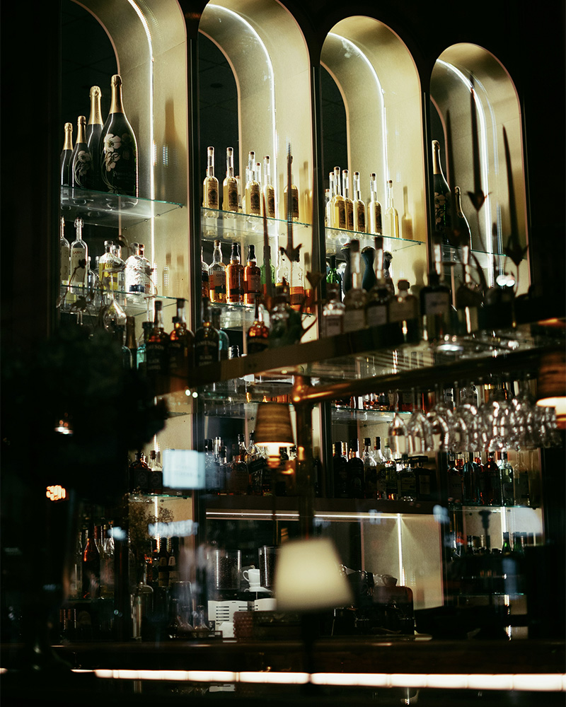 a dim cocktail bar at night