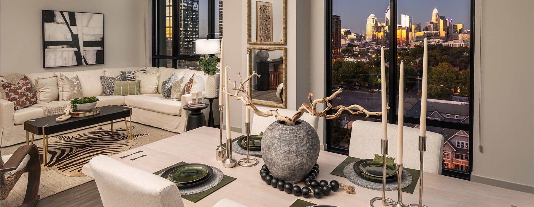 a table in a dining room with chairs