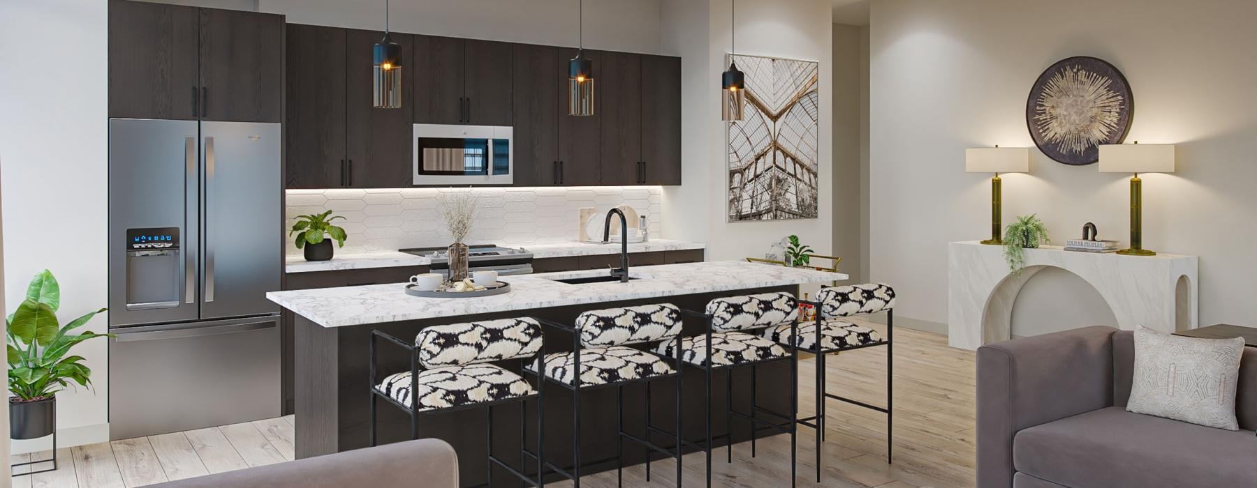 a kitchen with a bar and a table